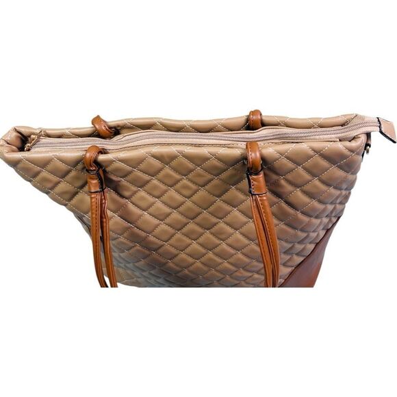 Fashion Designer Tan and Brown Quilted Large Tote Bag - Picture 9 of 11